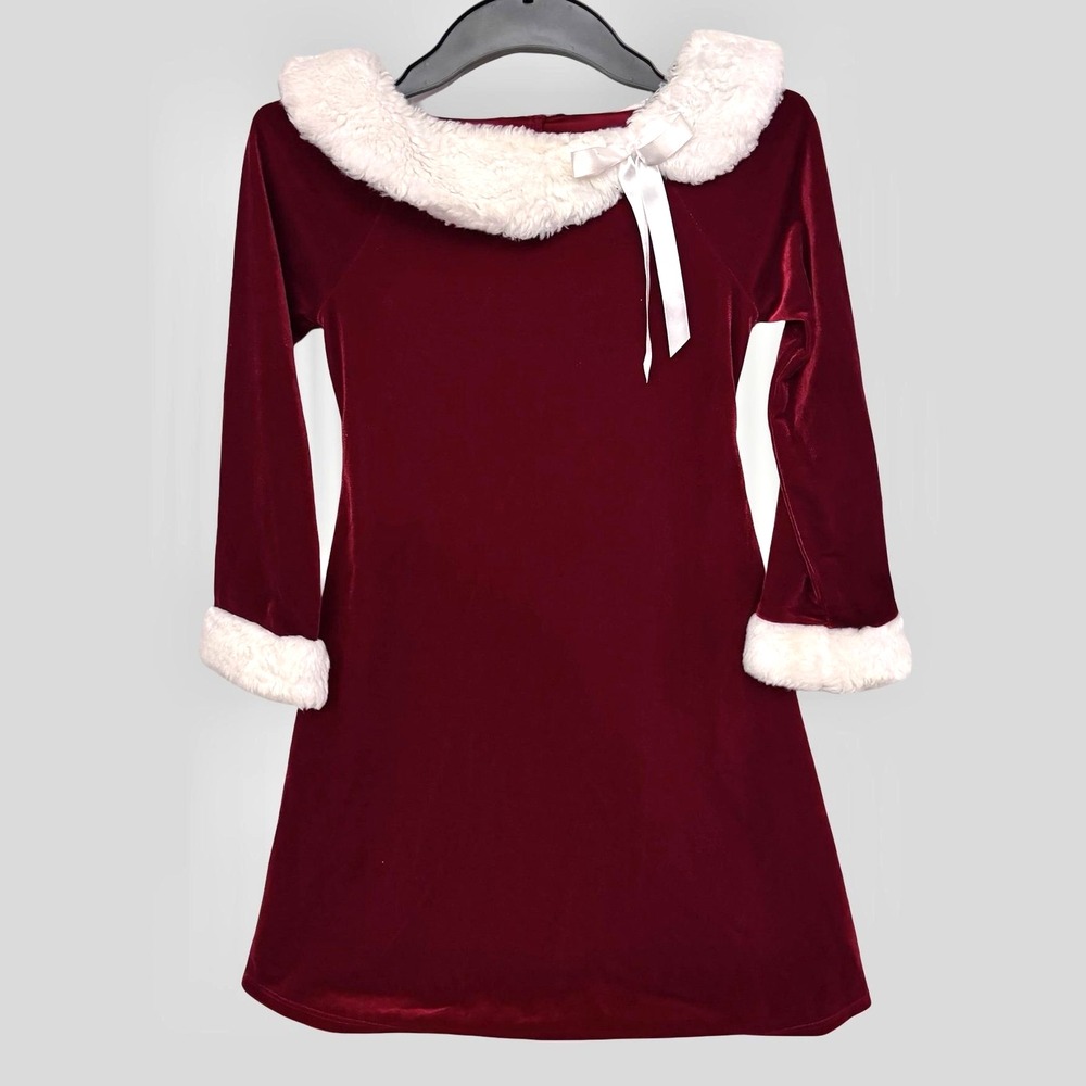 Velvet Christmas Dress Girls Size 8‎ Dark Red Burgundy Faux Fur Trim Santa Party